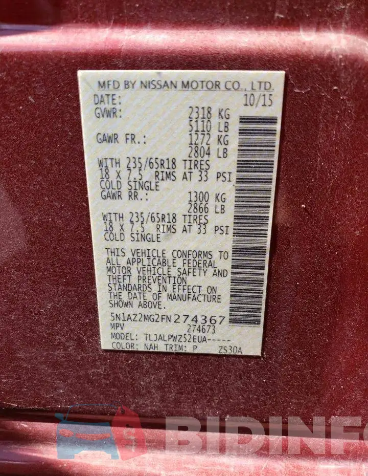 5N1AZ2MG2FN274367 Photo# 13