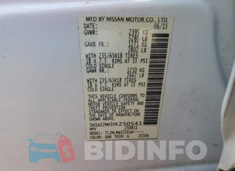 5N1AZ2MH3FN250541 Photo# 13