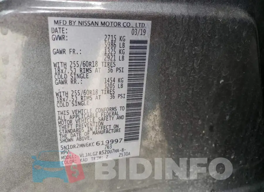 5N1DR2MN6KC619997 Photo# 13