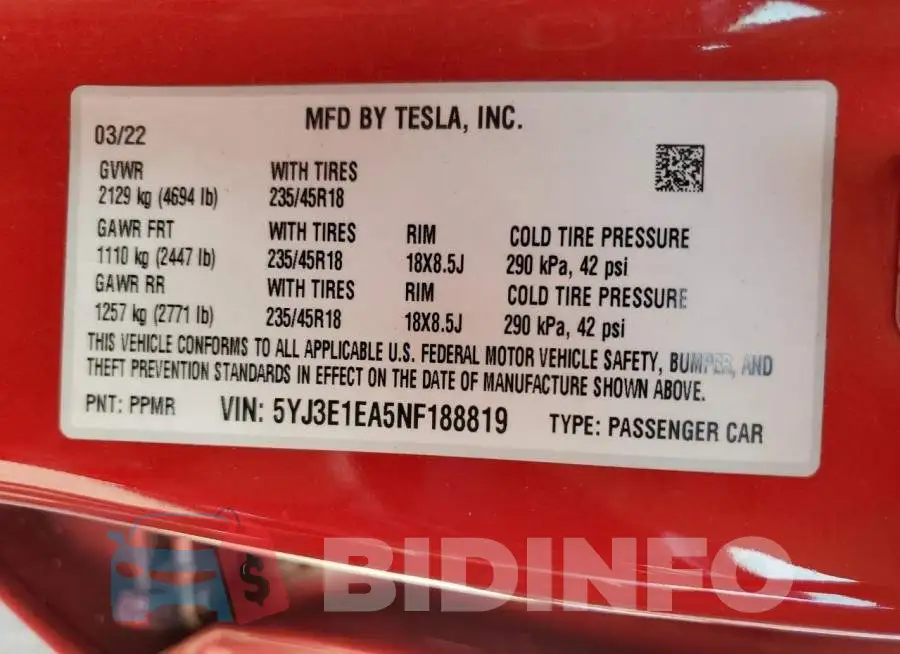 5YJ3E1EA5NF188819 Photo# 12