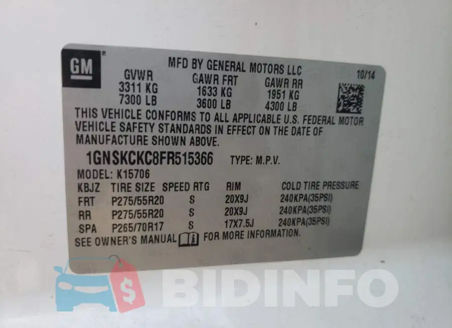 1GNSKCKC8FR515366 Photo# 13