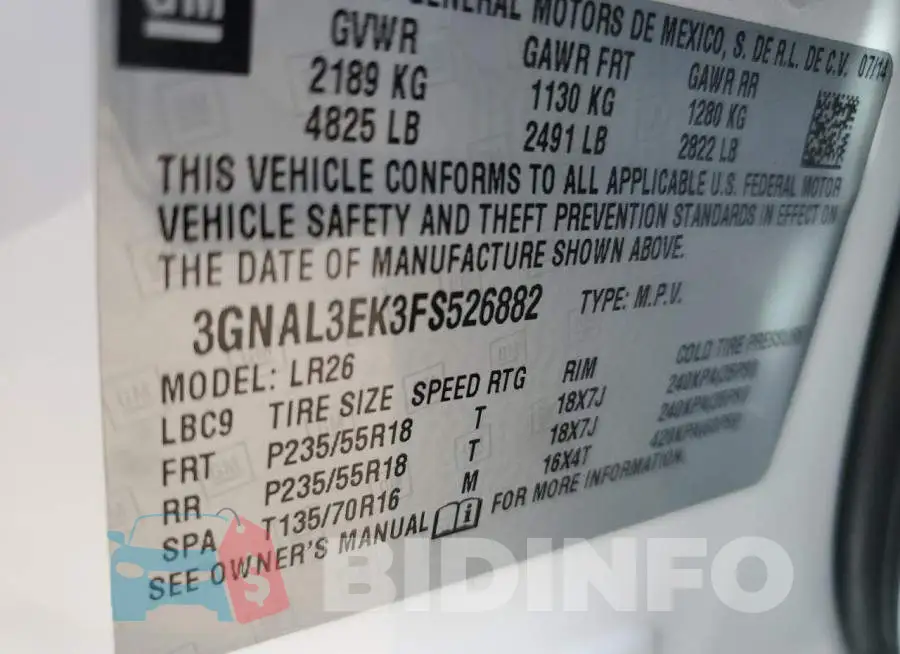 3GNAL3EK3FS526882 Photo# 12