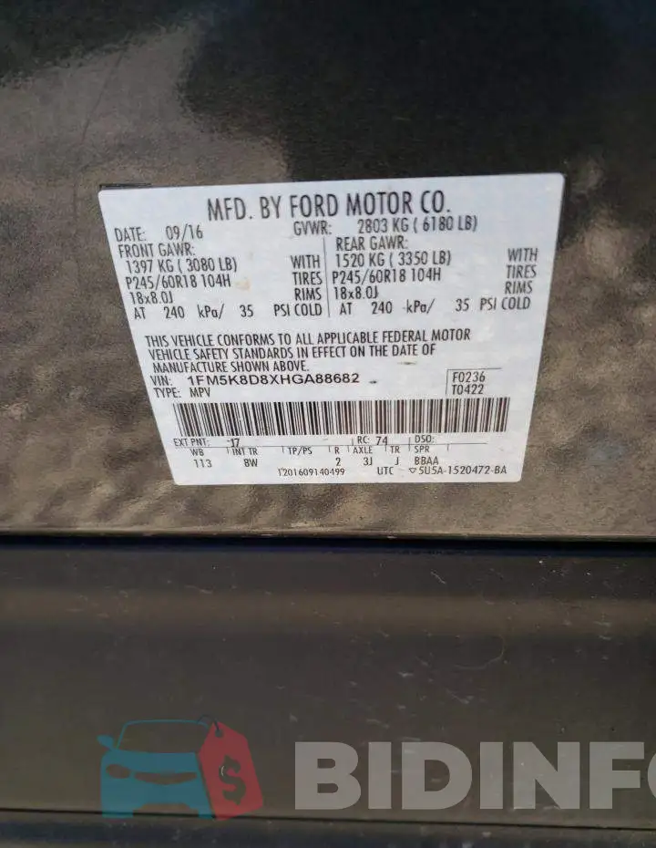 1FM5K8D8XHGA88682 Photo# 12