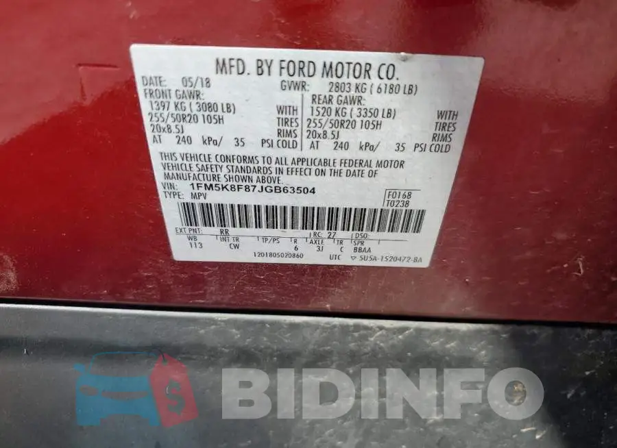 1FM5K8F87JGB63504 Photo# 13