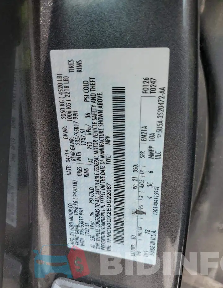 1FMCU0GX2EUD22087 Photo# 12