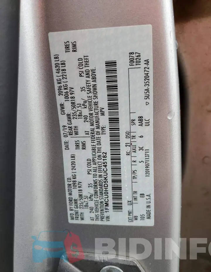 1FMCU0HD5KUC45182 Photo# 13