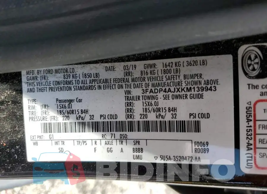 3FADP4AJXKM139943 Photo# 12