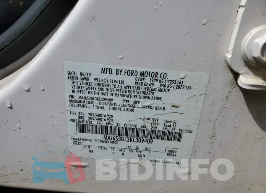 MAJ6S3GL3KC309409 Photo# 13