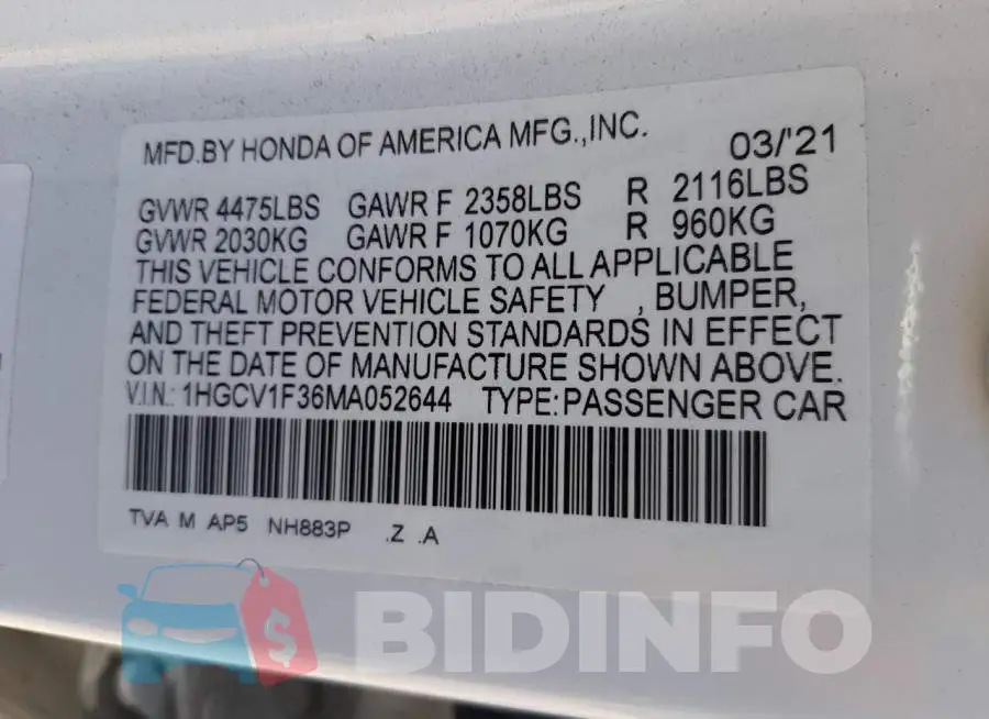 1HGCV1F36MA052644 Photo# 13