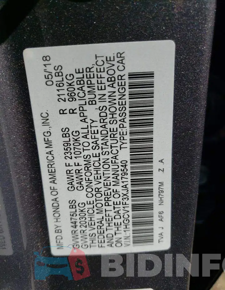 1HGCV1F3XJA179540 Photo# 13