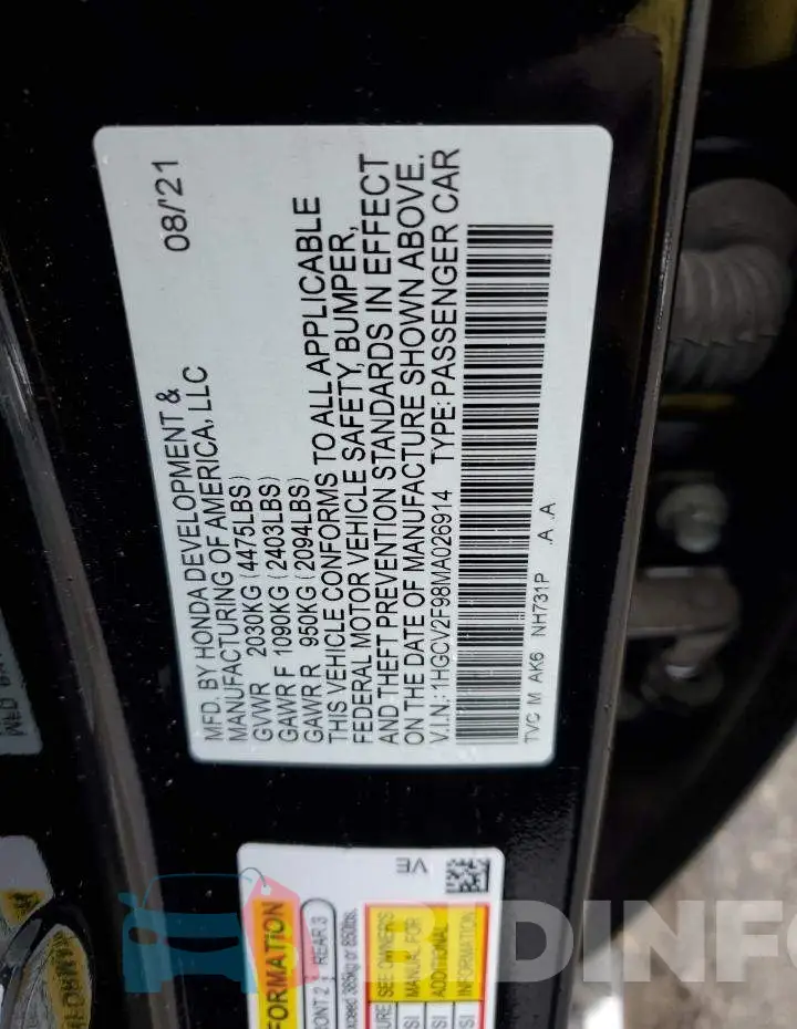 1HGCV2F98MA026914 Photo# 12