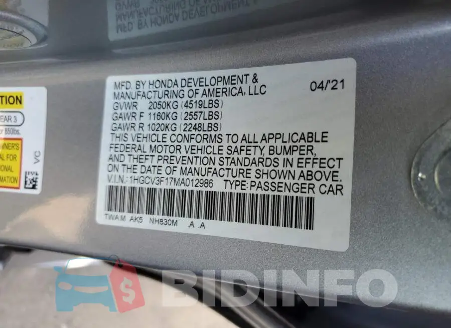1HGCV3F17MA012986 Photo# 12
