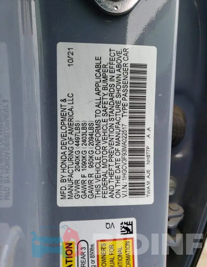 1HGCV3F93MA022517 Photo# 12