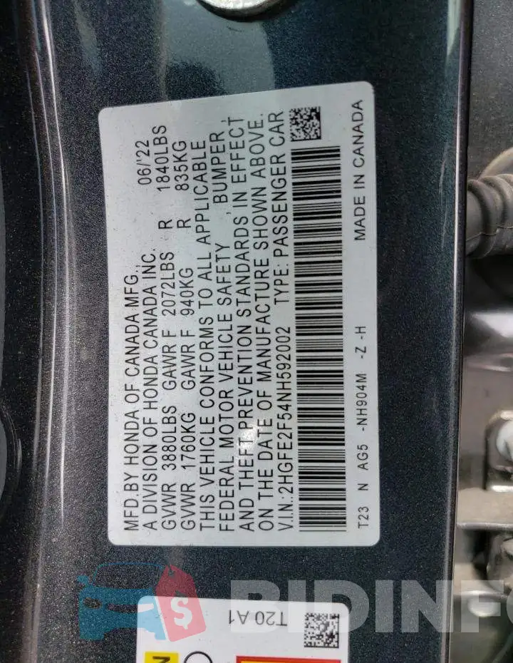 2HGFE2F54NH592002 Photo# 13