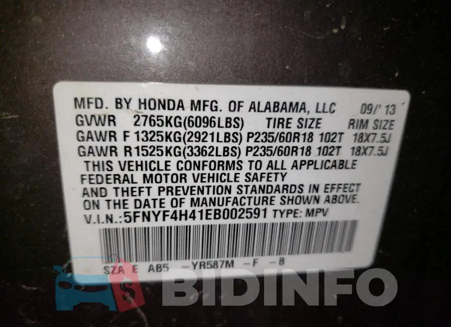 5FNYF4H41EB002591 Photo# 12