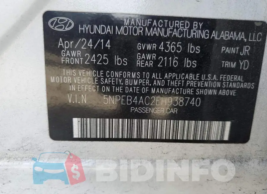 5NPEB4AC2EH938740 Photo# 12