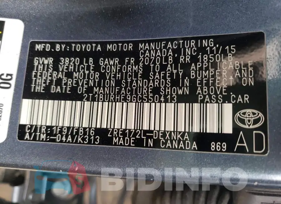 2T1BURHE9GC550413 Photo# 12
