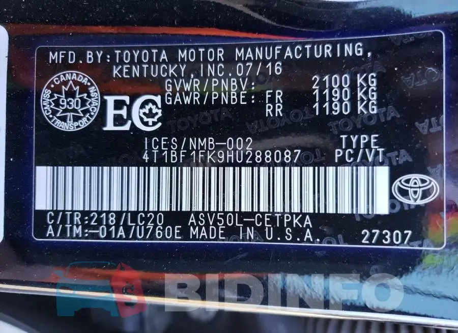 4T1BF1FK9HU288087 Photo# 13