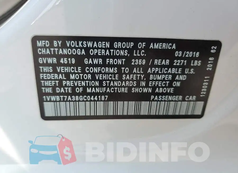1VWBT7A38GC044187 Photo# 12