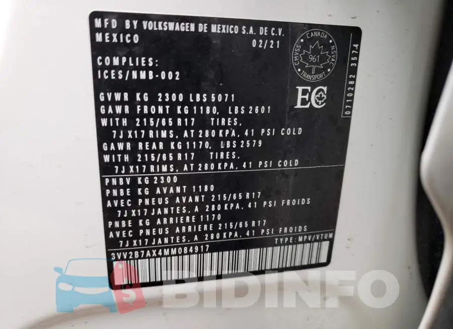 3VV2B7AX4MM084917 Photo# 13