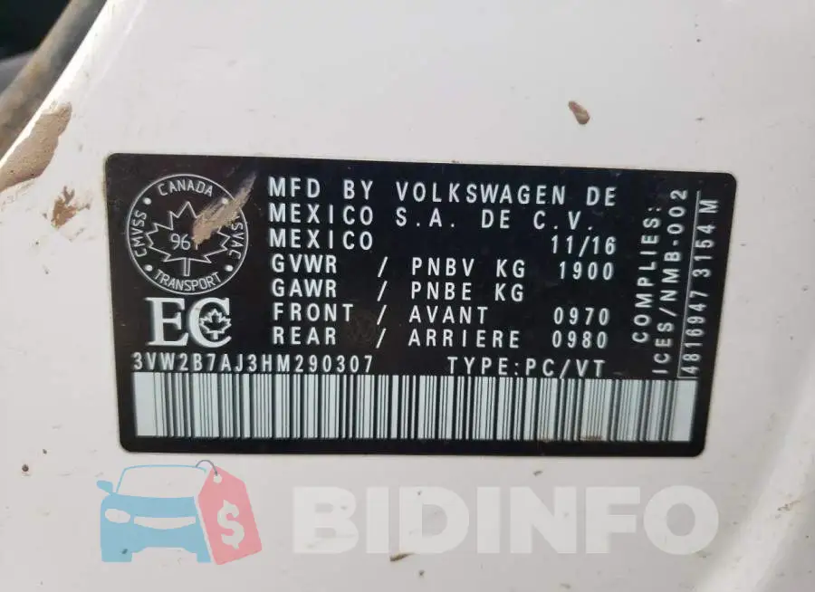 3VW2B7AJ3HM290307 Photo# 12