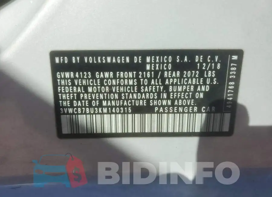 3VWCB7BU3KM140315 Photo# 12
