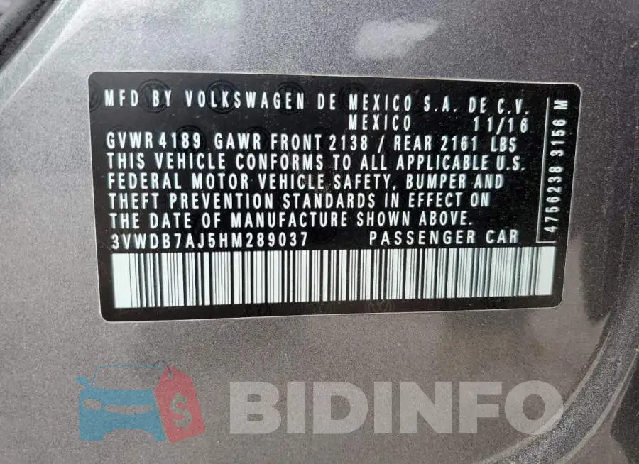 3VWDB7AJ5HM289037 Photo# 12