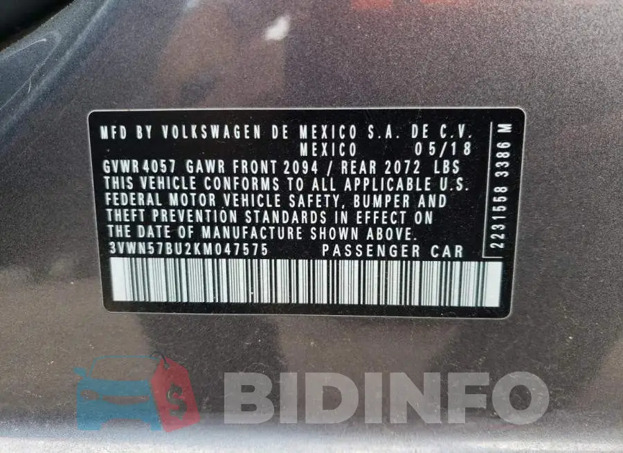 3VWN57BU2KM047575 Photo# 13