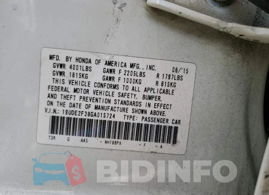 19UDE2F38GA015724 Photo# 13