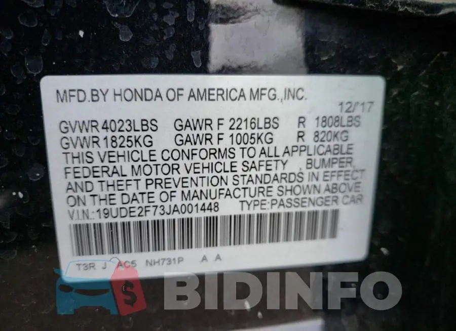 19UDE2F73JA001448 Photo# 12