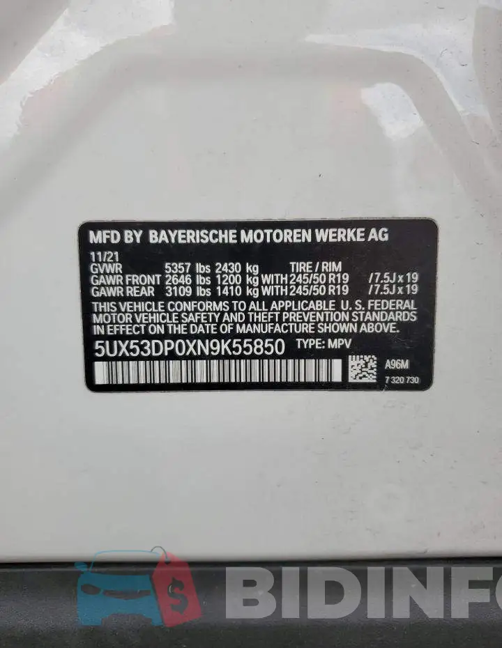 5UX53DP0XN9K55850 Photo# 14