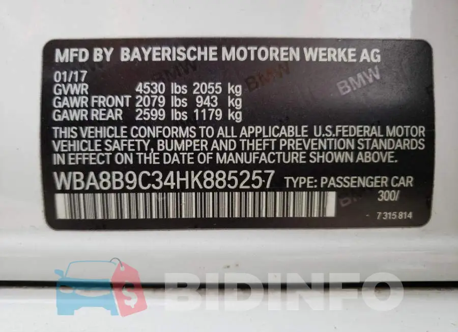 WBA8B9C34HK885257 Photo# 12