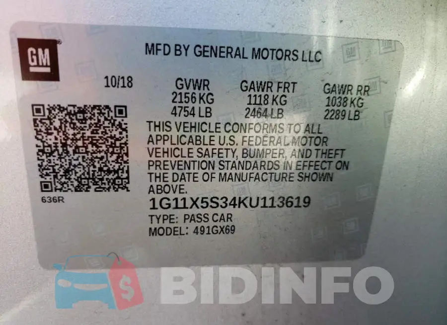 1G11X5S34KU113619 Photo# 13