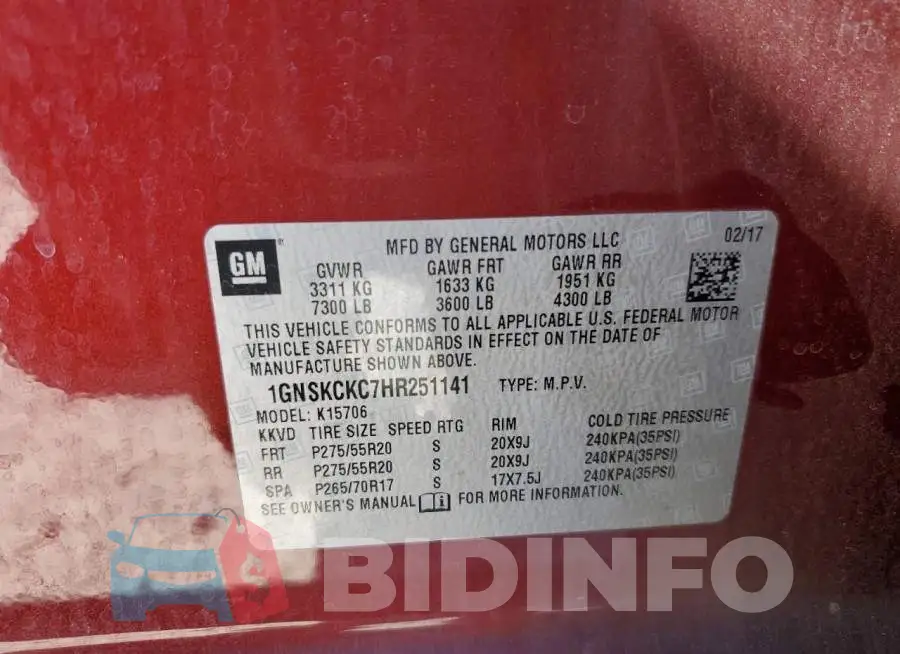 1GNSKCKC7HR251141 Photo# 13