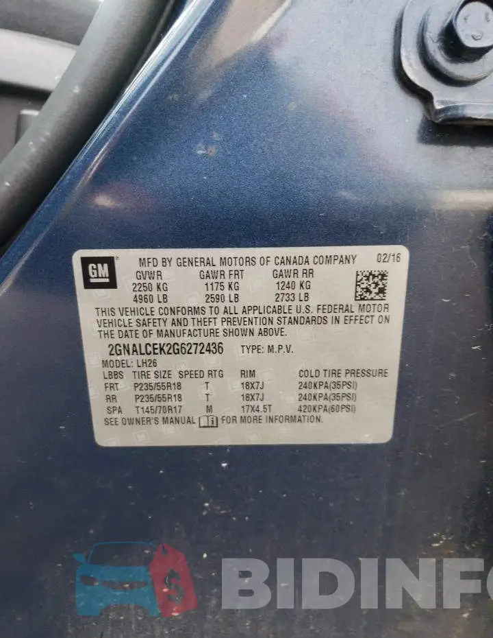 2GNALCEK2G6272436 Photo# 14
