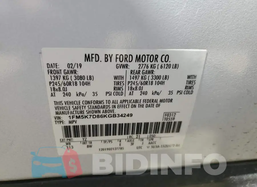 1FM5K7D86KGB34249 Photo# 14