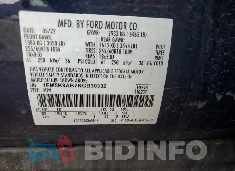 1FM5K8AB7NGB30382 Photo# 14