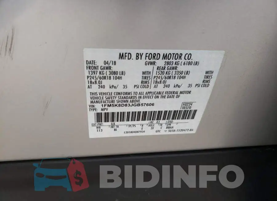 1FM5K8D83JGB57606 Photo# 13