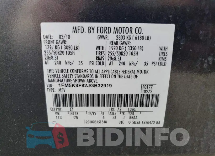 1FM5K8F82JGB32919 Photo# 14