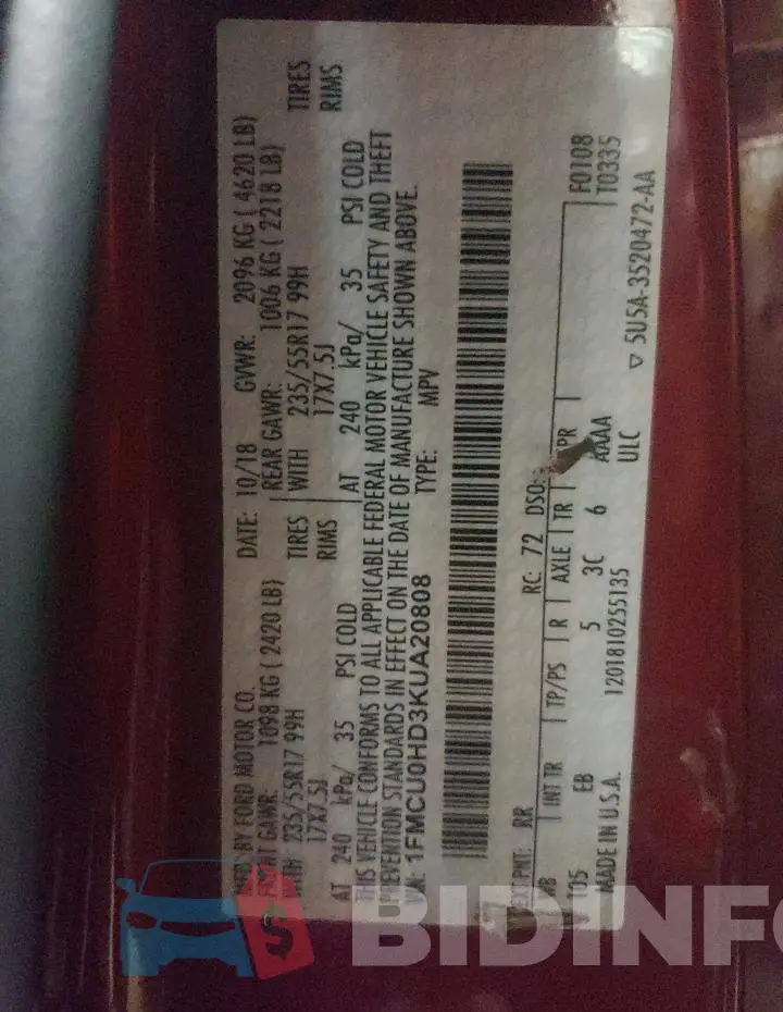 1FMCU0HD3KUA20808 Photo# 13