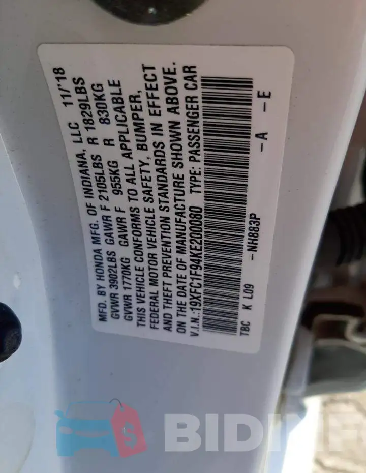 19XFC1F94KE200080 Photo# 13