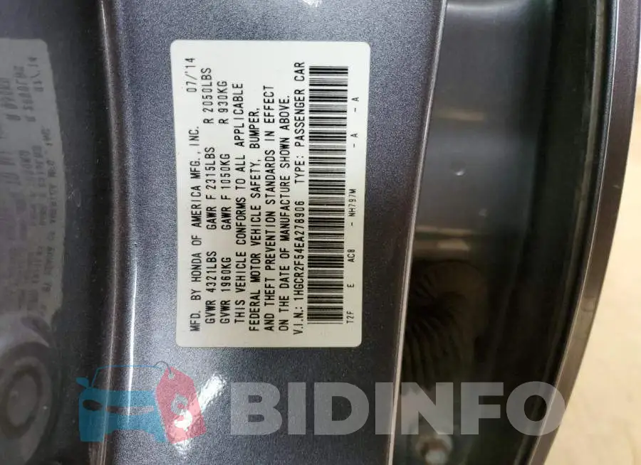 1HGCR2F54EA278906 Photo# 12