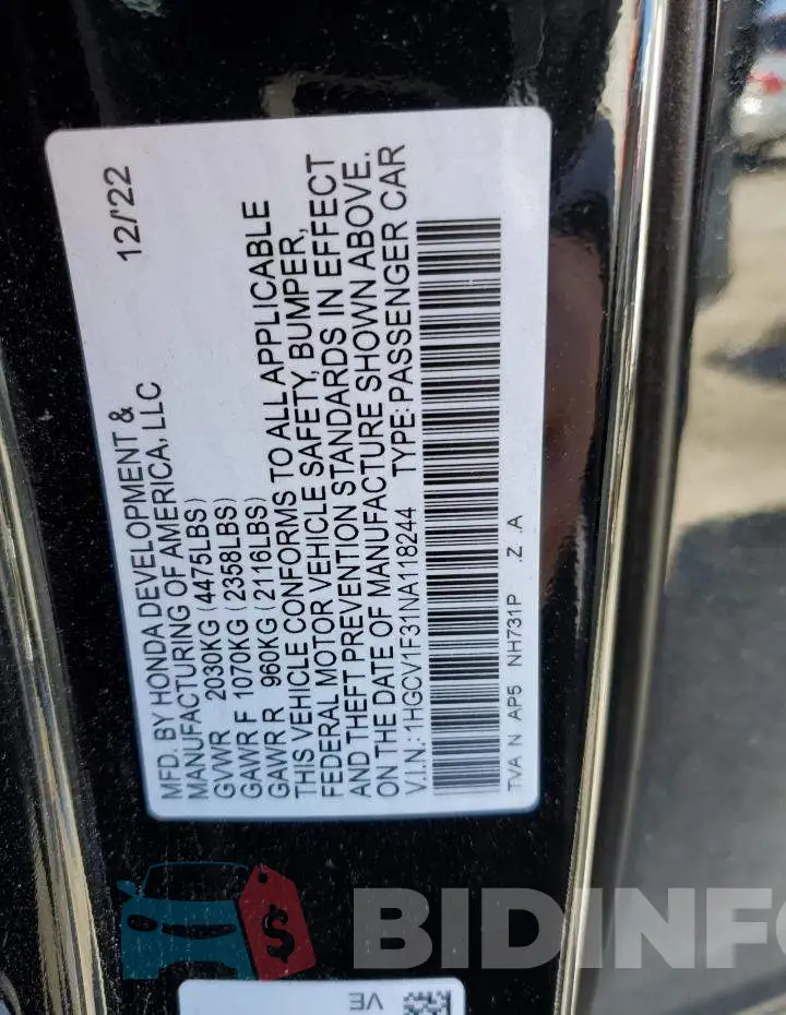 1HGCV1F31NA118244 Photo# 12
