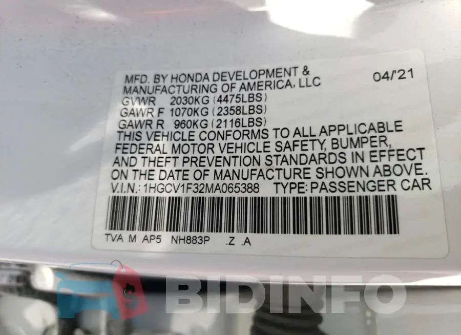 1HGCV1F32MA065388 Photo# 13