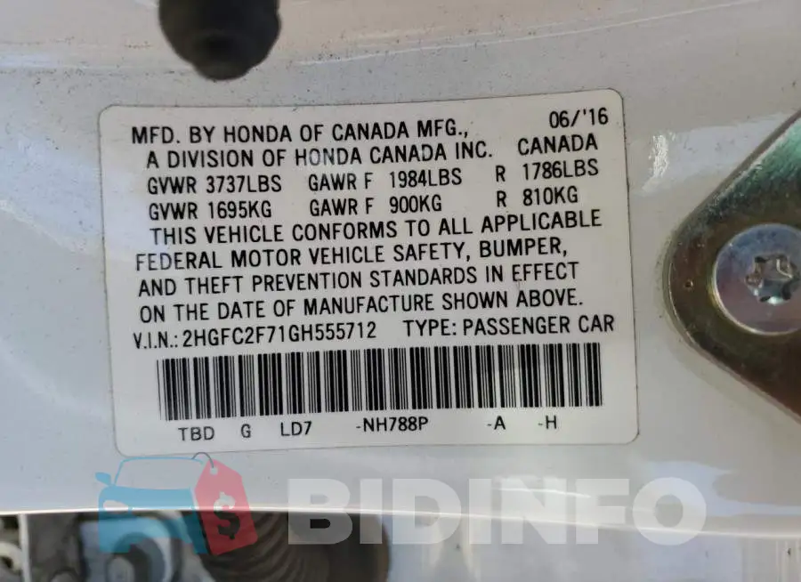 2HGFC2F71GH555712 Photo# 13