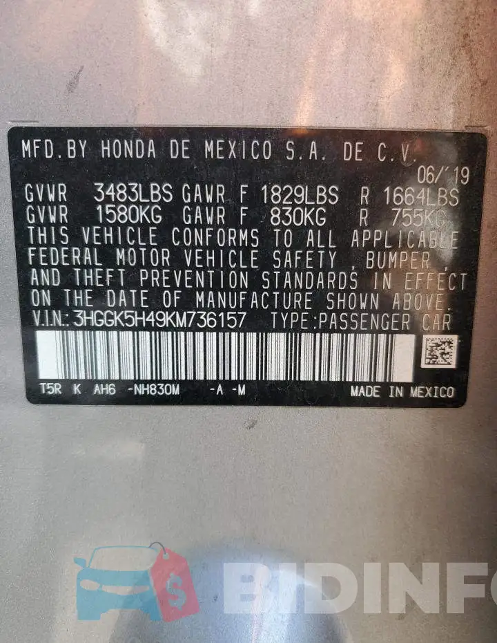 3HGGK5H49KM736157 Photo# 12