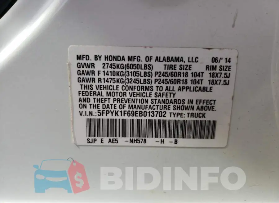 5FPYK1F69EB013702 Photo# 13