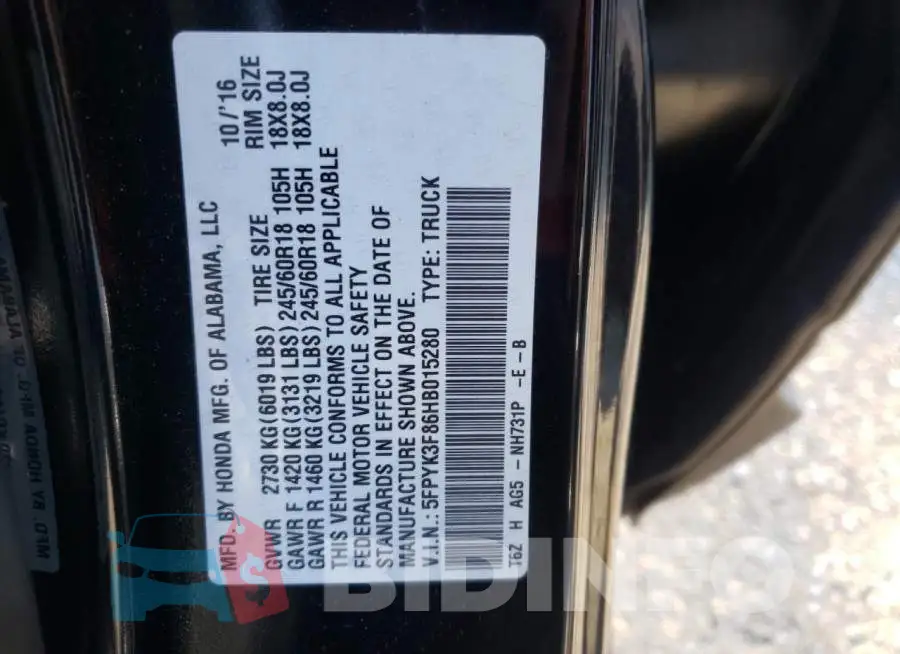 5FPYK3F86HB015280 Photo# 13