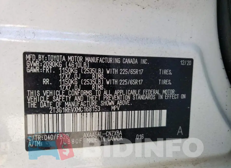 2T3G1RFVXMC168153 Photo# 13