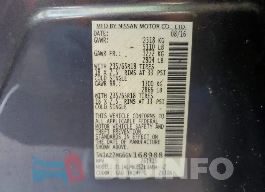 5N1AZ2MG6GN168988 Photo# 13